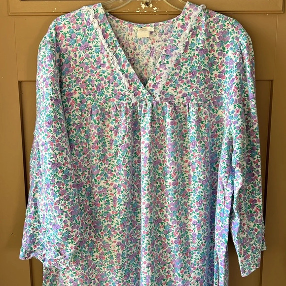 Vintage 100% Cotton Fleece V Neck Maxi Length House Dress Muumuu Pastel Floral - Picture 2 of 8